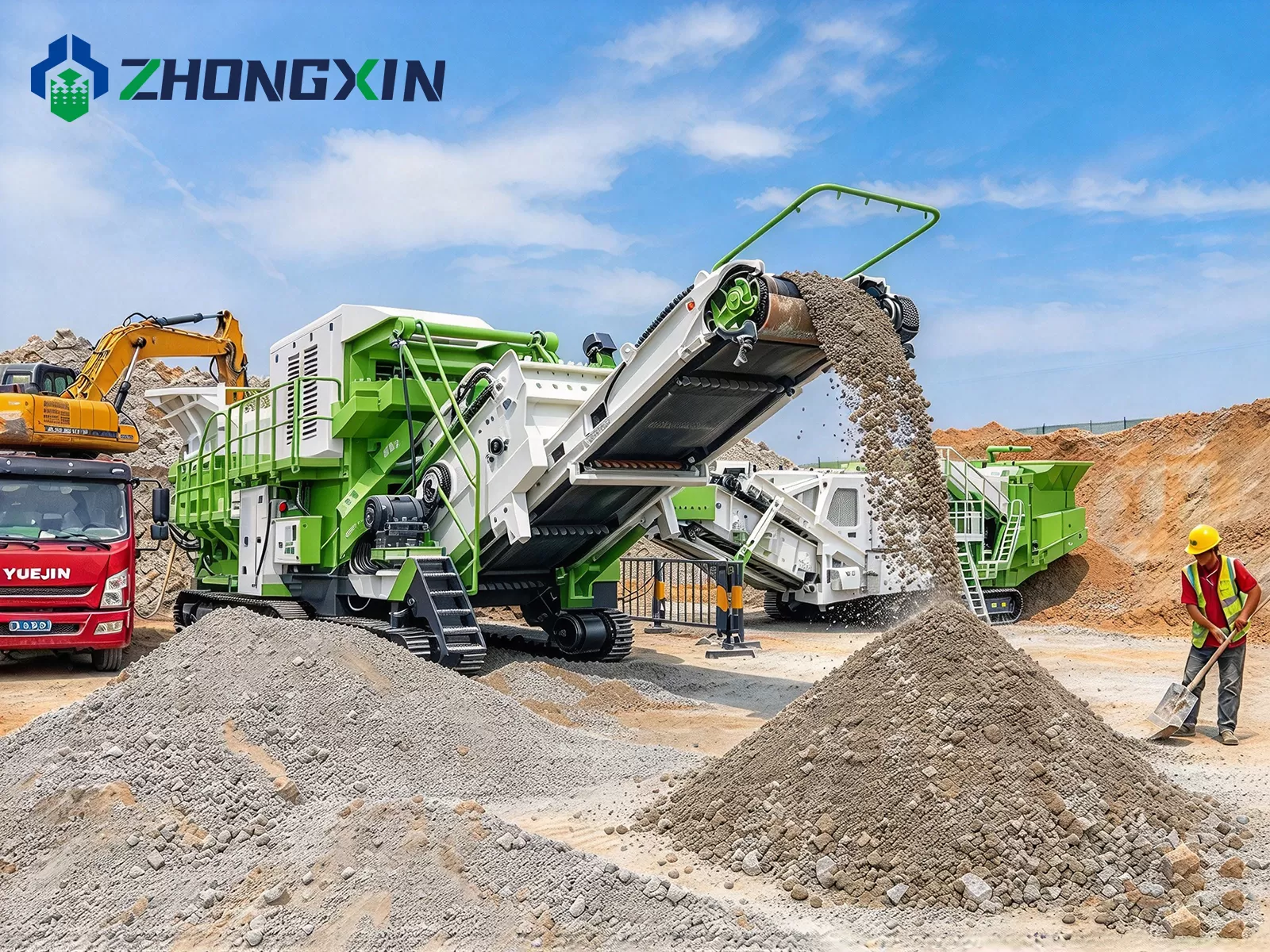 Side-view of 250 TPH tracked mobile crushing plant operating on demolition job site in Mongolia